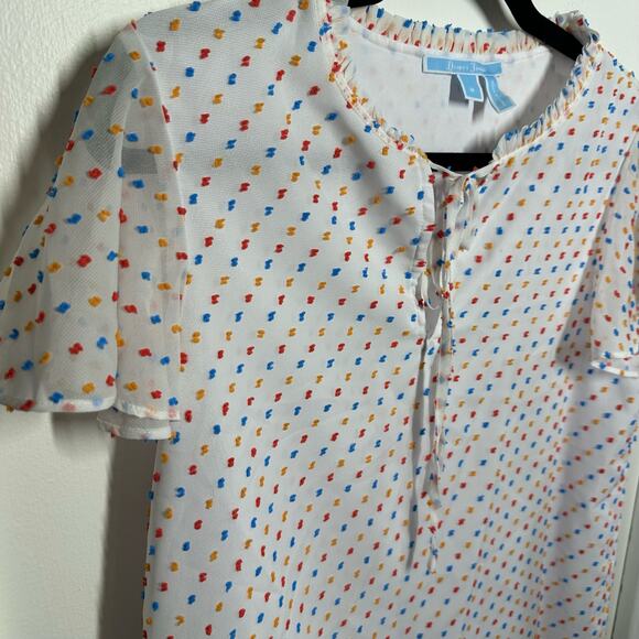 Draper James Women's White Dot Flutter Sleeve Blouse Size Medium Rainbow Polka - Picture 3 of 12